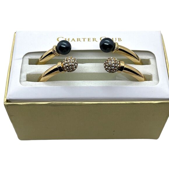 Charter Club Cuff Bracelets 2-Pc. Set Pavé Bead & Imitation Pearl New Gold Tone - Picture 7 of 13
